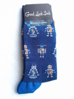 Good Luck socks Robot Pattern Blue & Orange Men's Size 7-12